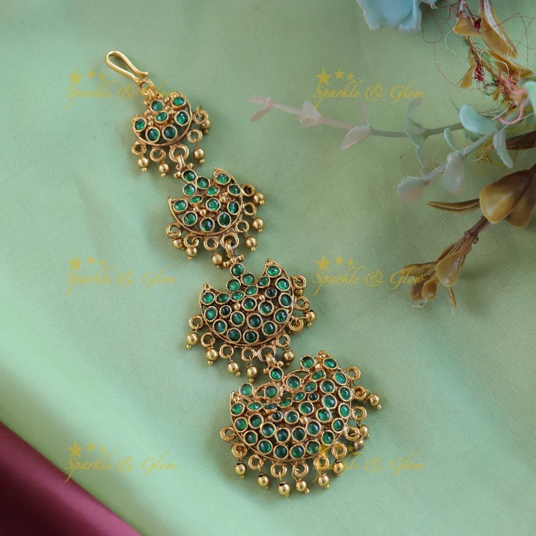 Elegant Half Moon single line Kemp Maangtikka with pearl beads-Rubygreen - Sparkle and Glow