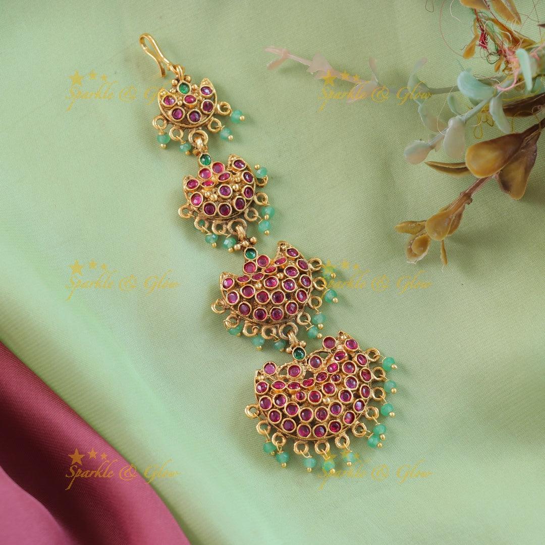 Elegant Half Moon single line Kemp Maangtikka with pearl beads-Rubygreen - Sparkle and Glow