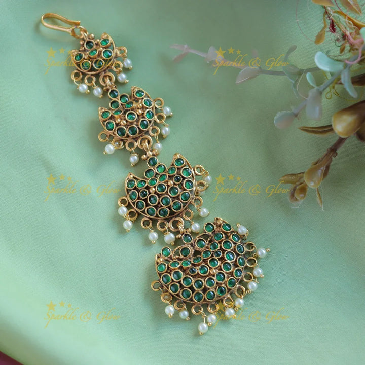 Elegant Half Moon single line Kemp Maangtikka with pearl beads-Rubygreen - Sparkle and Glow