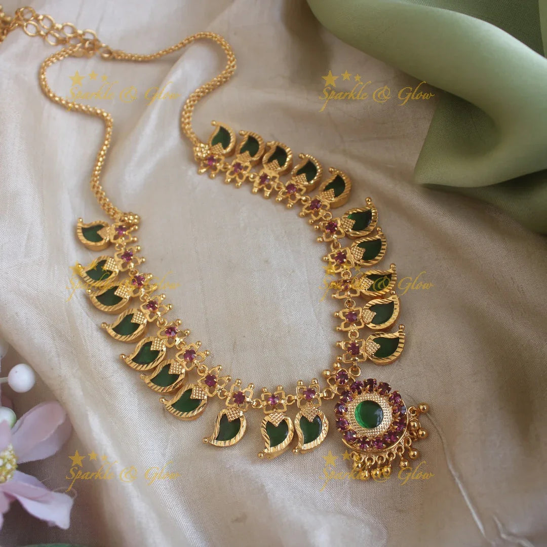Elegant Mango green palakka and stone pendant kerala style short necklace with ruby and gold beads - 20 palakkas - Sparkle and Glow