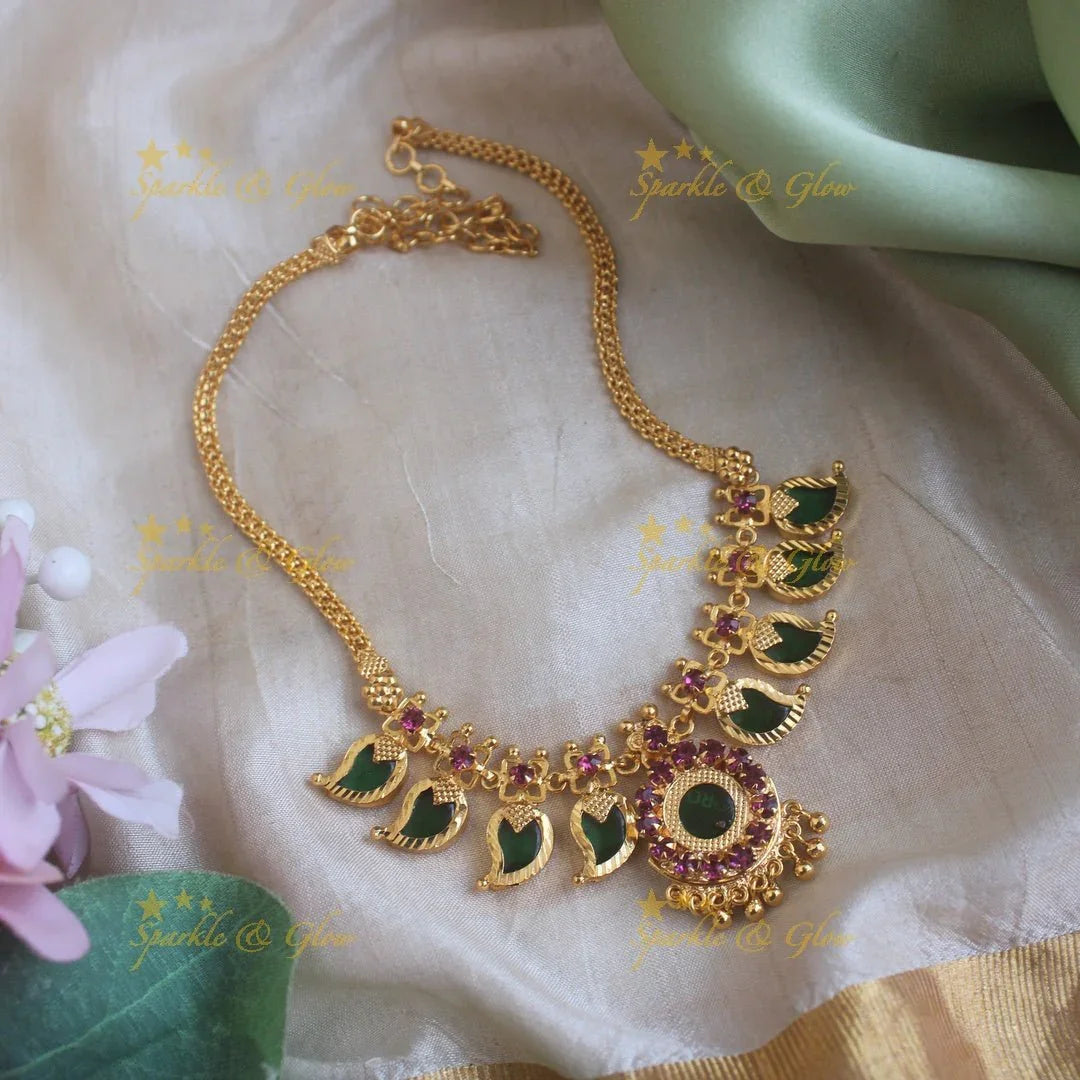 Mango green palakka and stone pendant kerala style short necklace with ruby and gold beads - Sparkle and Glow