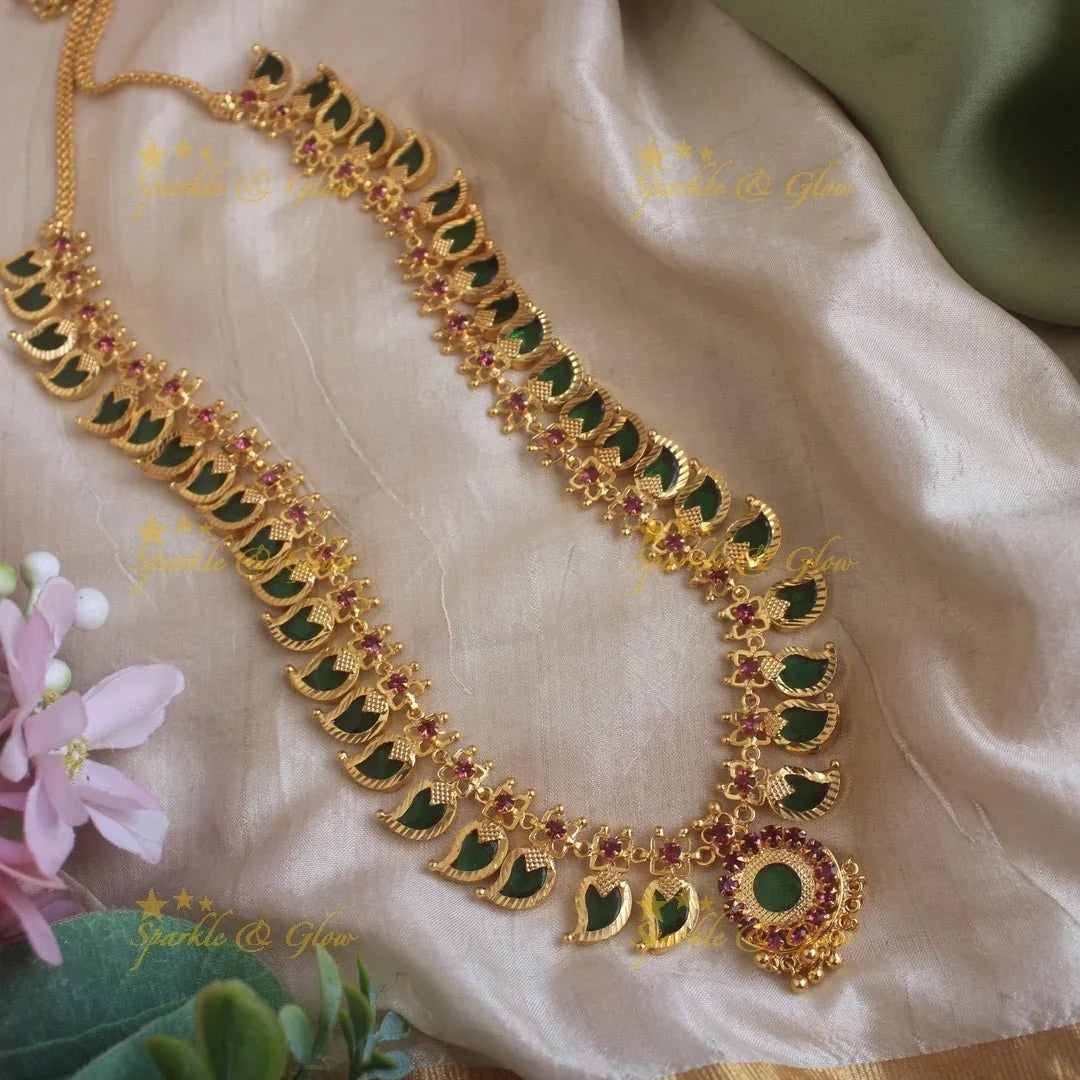 Grand Mango green palakka stone pendant kerala style long necklace with ruby and gold beads - Sparkle and Glow