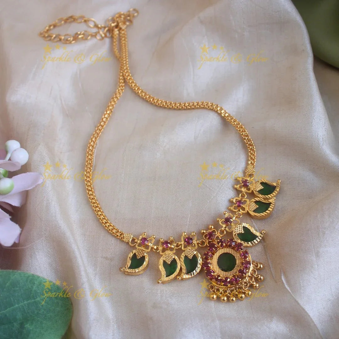 Elegant Mango green palakka and stone pendant kerala style short necklace with ruby and gold beads - Sparkle and Glow