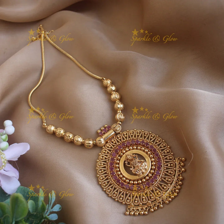 Elegant Lakshmi Floral pendant with chain with ruby and gold beads - Sparkle and Glow