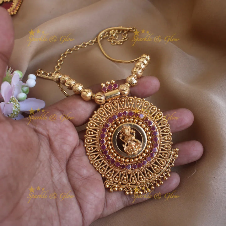 Elegant Lakshmi Floral pendant with chain with ruby and gold beads - Sparkle and Glow