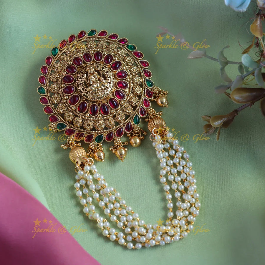 Elegant Idol Lakshmi waterdrop design Kemp Hairpin with Multilayered pearls - Sparkle and Glow