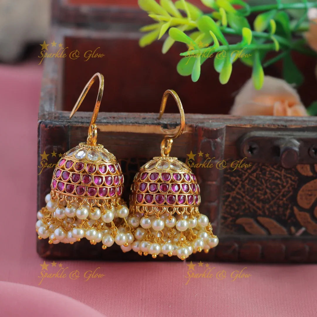 Statement Kemp stone Hook Jhumukas with pearl beads-Rubywhite - Sparkle and Glow