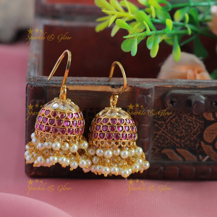 Statement Kemp stone Hook Jhumukas with pearl beads-Rubywhite - Sparkle and Glow