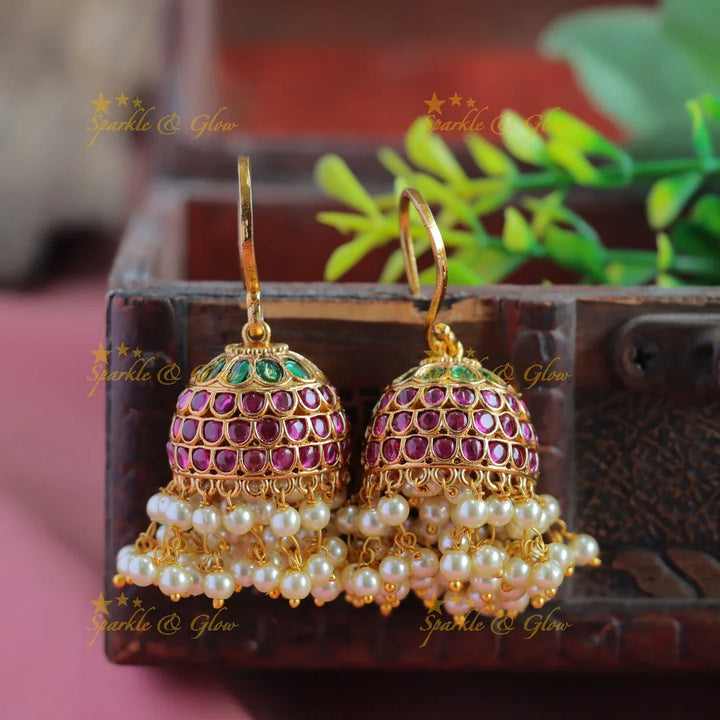 Statement Kemp stone Hook Jhumukas with pearl beads-Rubywhite - Sparkle and Glow