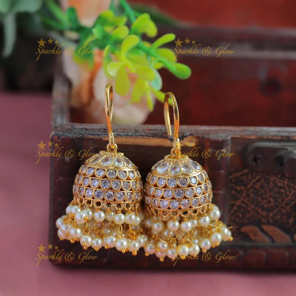 Statement Kemp stone Hook Jhumukas with pearl beads-Rubywhite - Sparkle and Glow