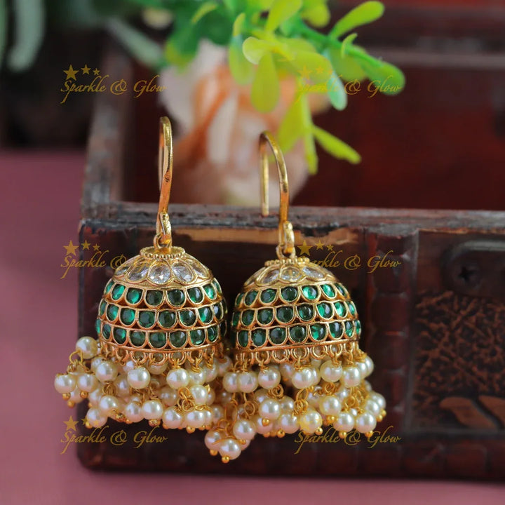 Statement Kemp stone Hook Jhumukas with pearl beads-Rubywhite - Sparkle and Glow