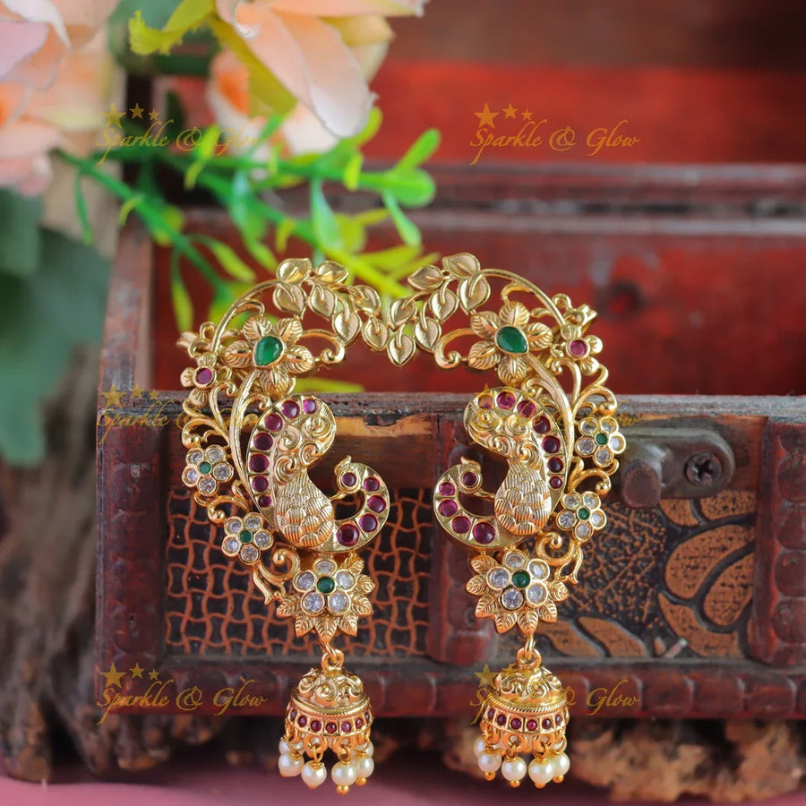 Elegant Peacock Floral Leaf design Earcuff with jhumuka hanging - Sparkle and Glow