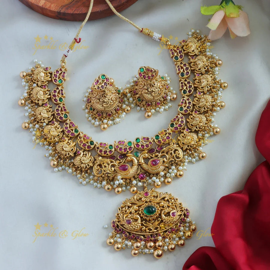 Stunning Peacock carved gutta pusalu short necklace with ruby emerald and gold beads - Sparkle and Glow