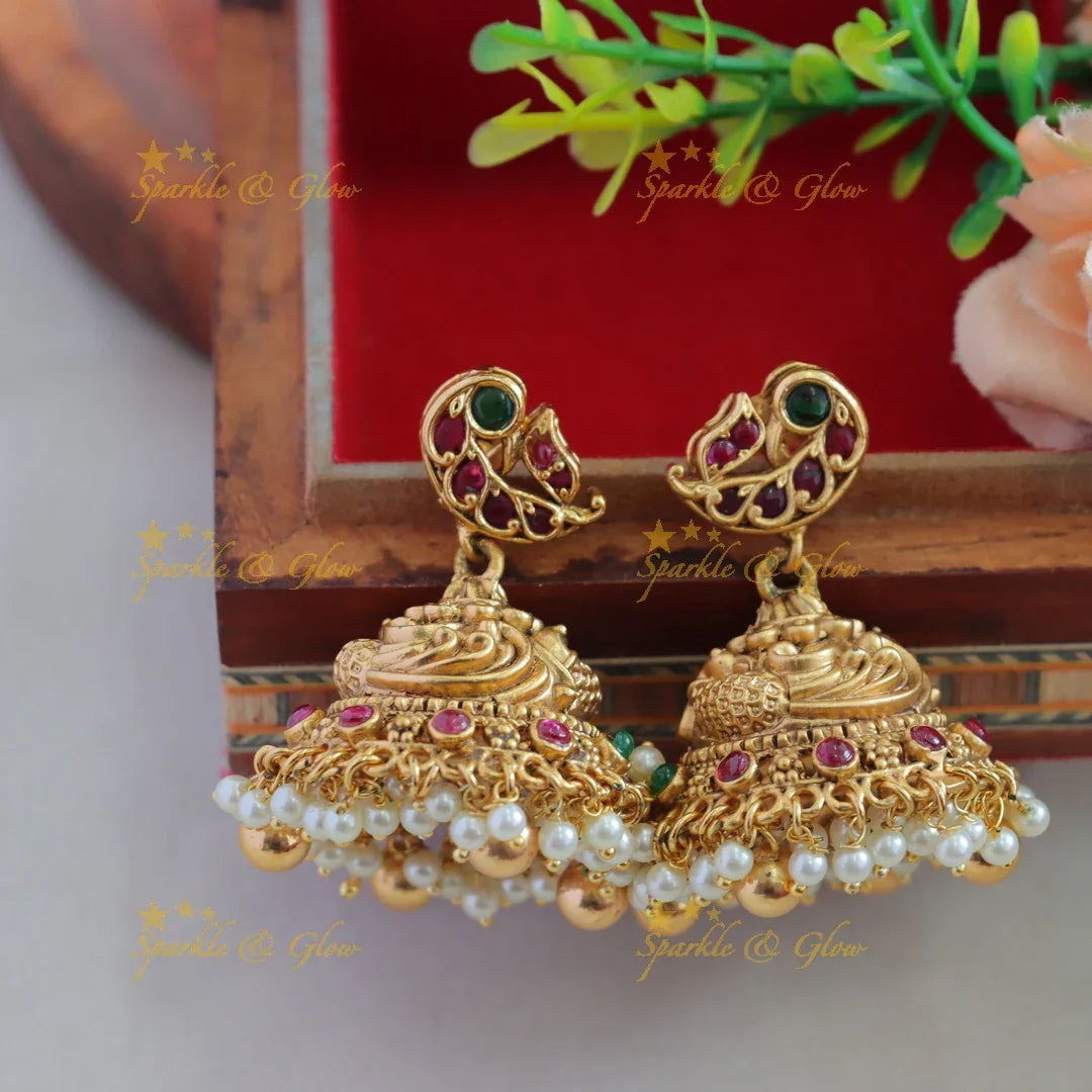 Stunning Peacock carved gutta pusalu short necklace with ruby emerald and gold beads - Sparkle and Glow