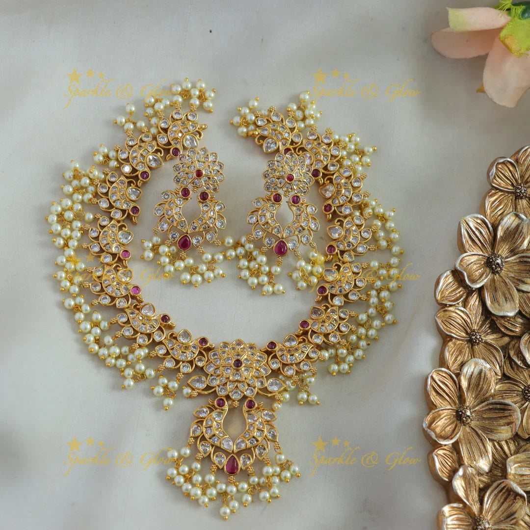 Elegant Floral peacock design gutta pusalu short necklace with ruby and white stones - Sparkle and Glow