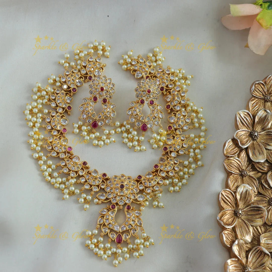 Elegant Floral peacock design gutta pusalu short necklace with ruby and white stones - Sparkle and Glow