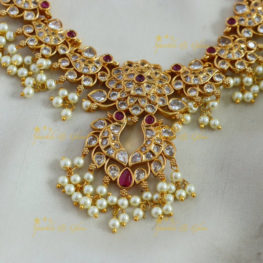 Elegant Floral peacock design gutta pusalu short necklace with ruby and white stones - Sparkle and Glow