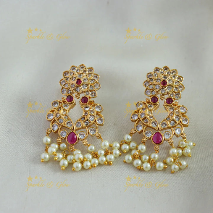 Elegant Floral peacock design gutta pusalu short necklace with ruby and white stones - Sparkle and Glow