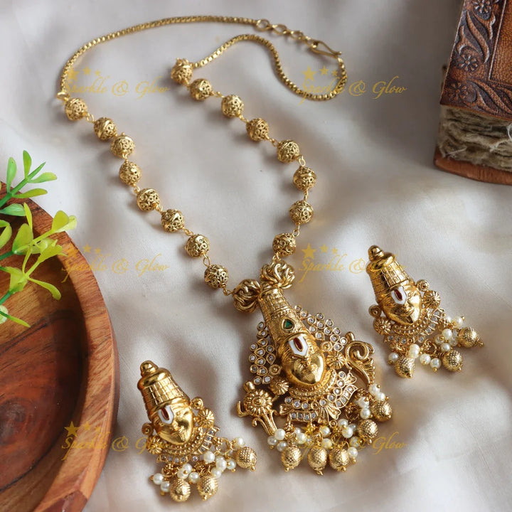 Stunning Balaji pendant short necklace with CZ stones and gold beads - Sparkle and Glow