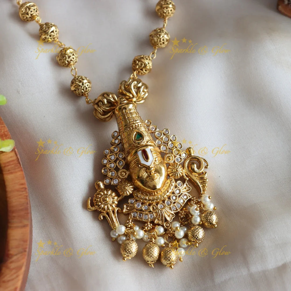 Stunning Balaji pendant short necklace with CZ stones and gold beads - Sparkle and Glow