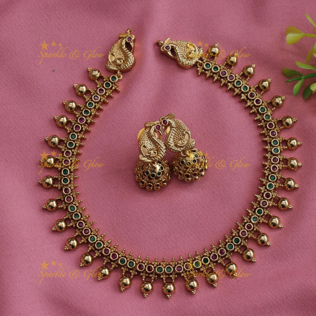 Gold alike peacock carved gold beads short necklace with ruby and emerald stones - Sparkle and Glow