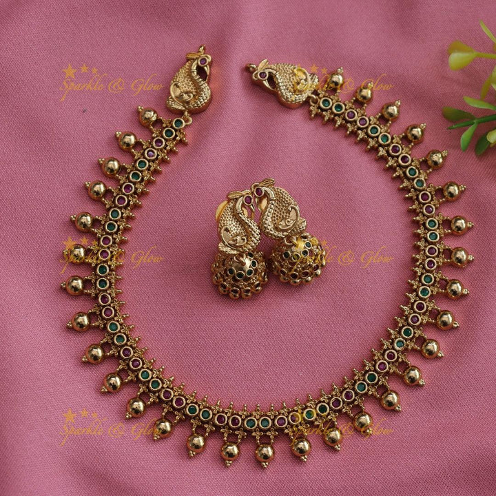 Gold alike peacock carved gold beads short necklace with ruby and emerald stones - Sparkle and Glow