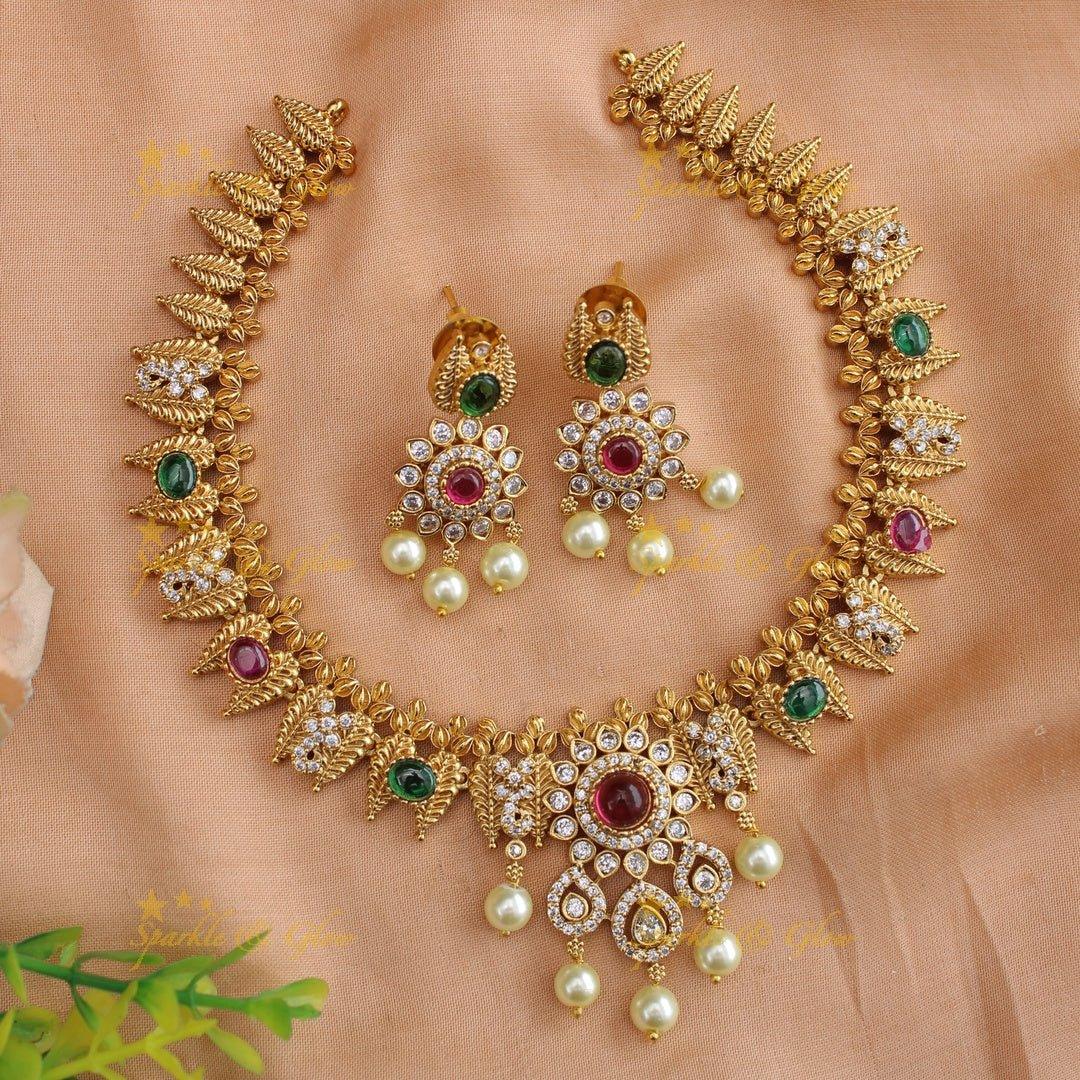 Statement Floral and leaf design short necklace with ruby CZ stones and pearl drops - pink - Sparkle and Glow