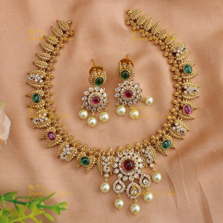 Statement Floral and leaf design short necklace with ruby CZ stones and pearl drops - pink - Sparkle and Glow