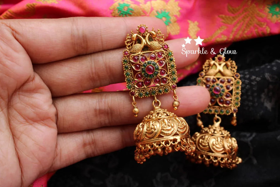 Gold alike polished kemp stones kasu jhumukas - Sparkle and Glow