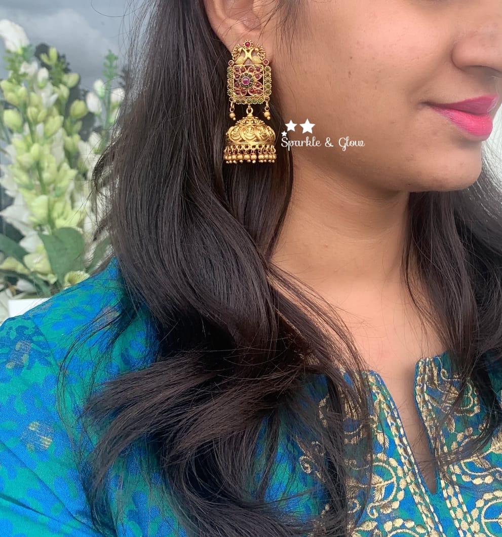 Gold alike polished kemp stones kasu jhumukas - Sparkle and Glow