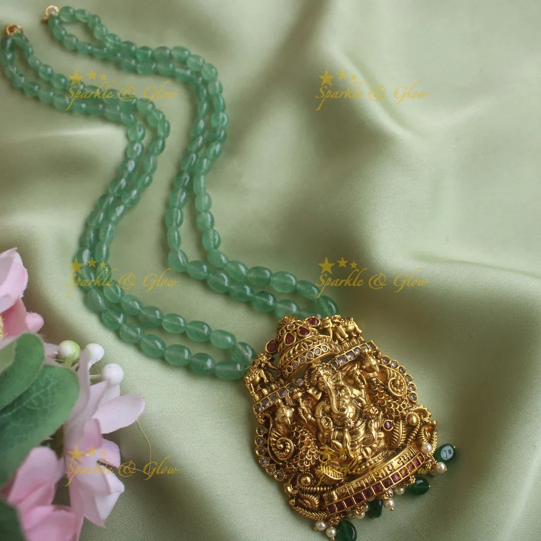 Elegant two layer Mintgreen Haram with Idol Ganesha Elephant Pendant - Sparkle and Glow
