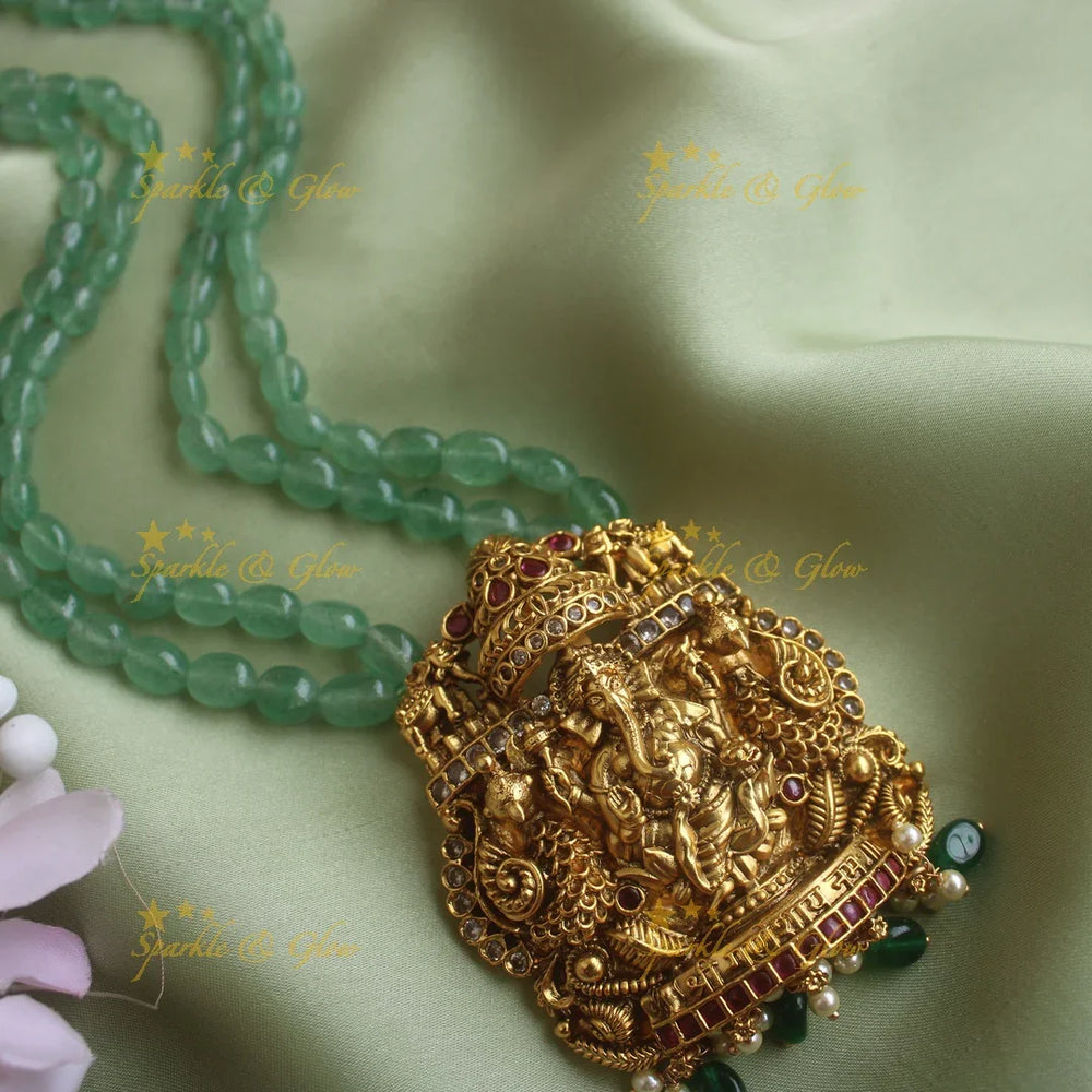 Elegant two layer Mintgreen Haram with Idol Ganesha Elephant Pendant - Sparkle and Glow