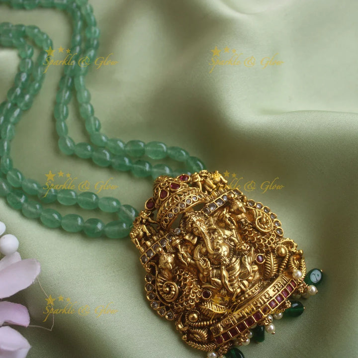 Elegant two layer Mintgreen Haram with Idol Ganesha Elephant Pendant - Sparkle and Glow