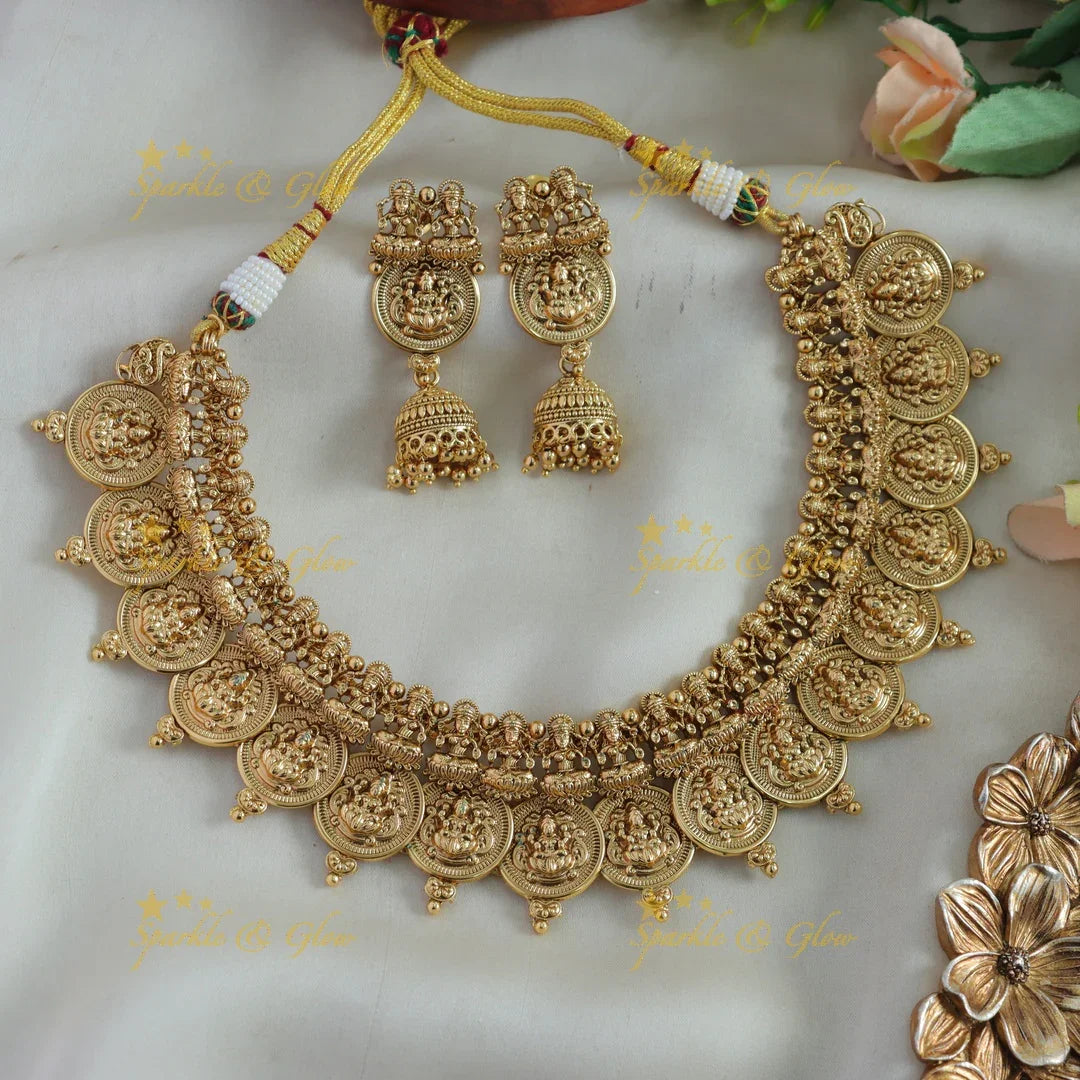 Elegant Gold alike Lakshmi coin short necklace with gold beads - Sparkle and Glow