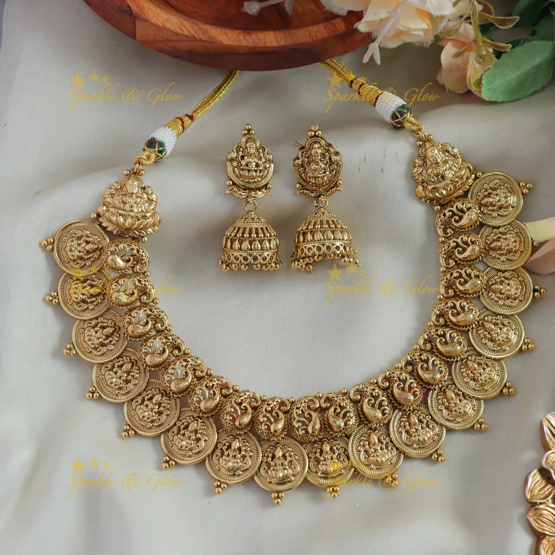 Beautiful Gold alike peacock carved Lakshmi coin short necklace - Sparkle and Glow