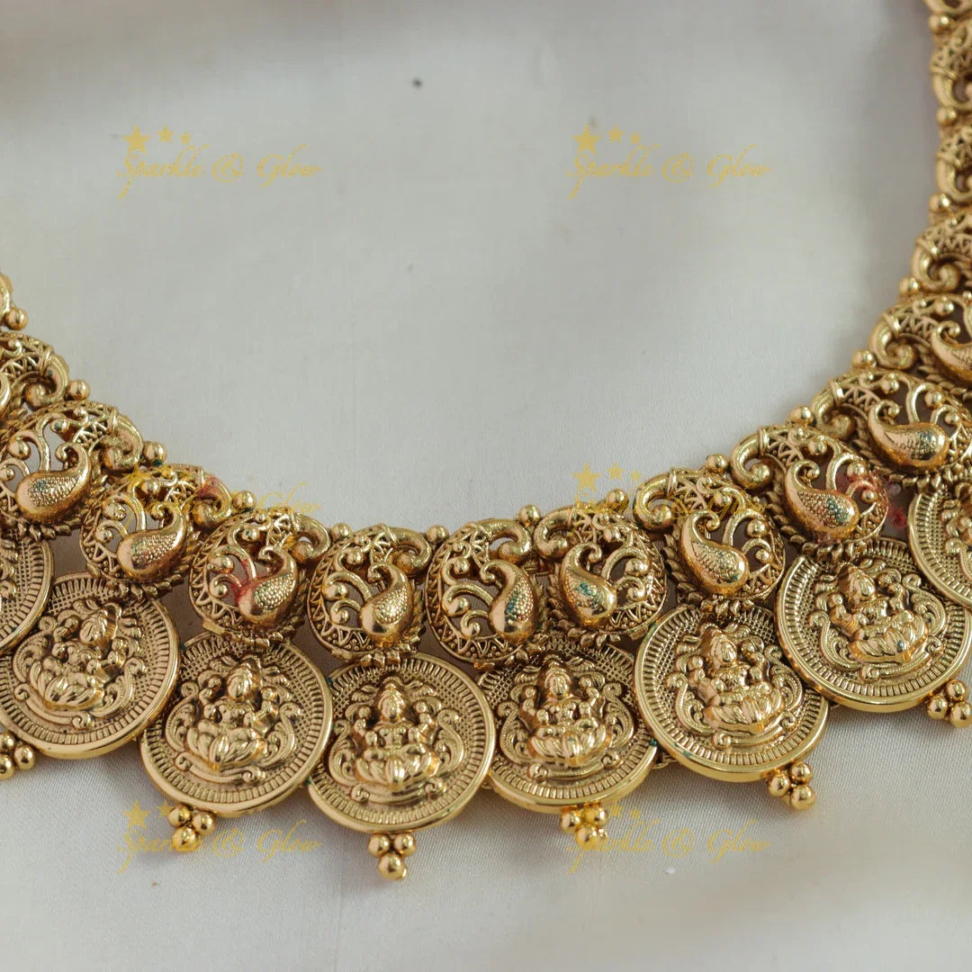 Beautiful Gold alike peacock carved Lakshmi coin short necklace - Sparkle and Glow