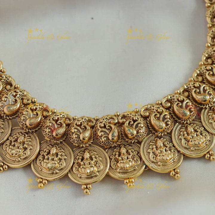 Beautiful Gold alike peacock carved Lakshmi coin short necklace - Sparkle and Glow