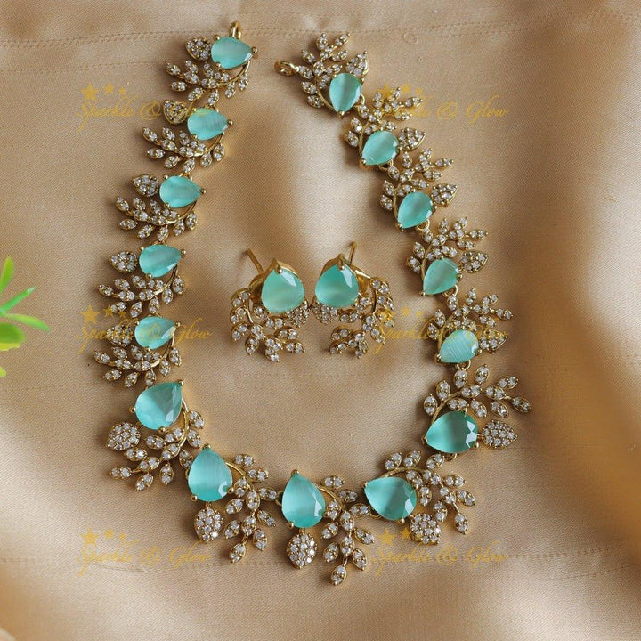 Exclusive Water drop stone and branch design AD short necklace - blue - Sparkle and Glow