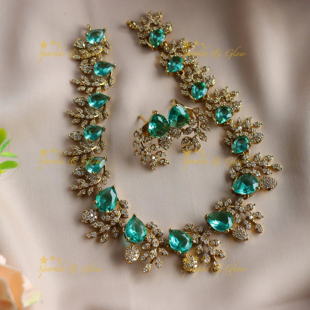 Exclusive Water drop stone and branch design AD short necklace - blue - Sparkle and Glow