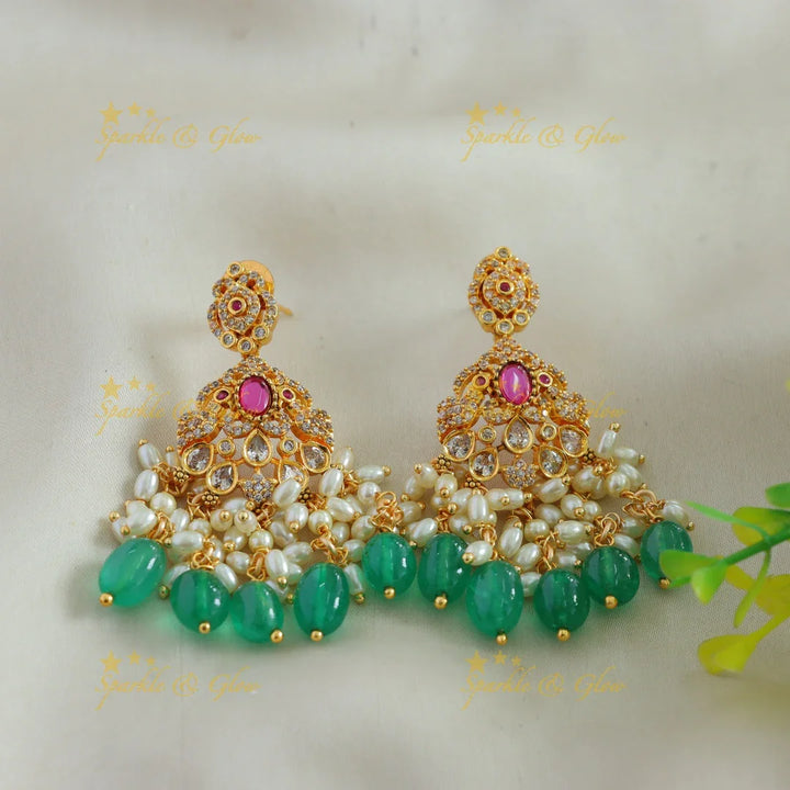 Elegant Lakshmi mango design AD short necklace with ruby emerald rice pearls and green beads - Sparkle and Glow