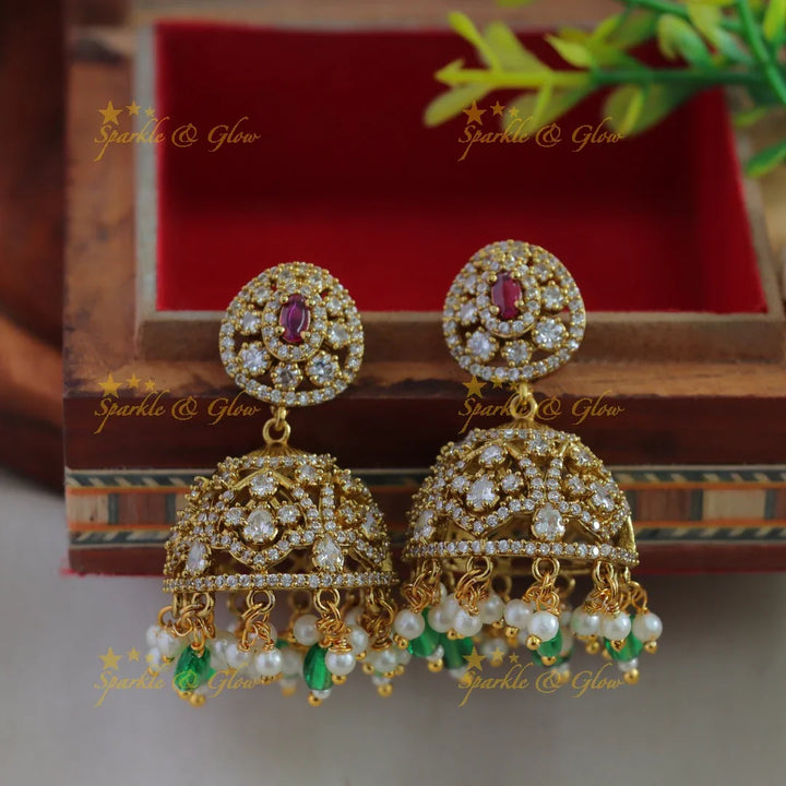 Beautiful Elephant and leaf design AD short necklace with ruby pearls and green beads - Sparkle and Glow