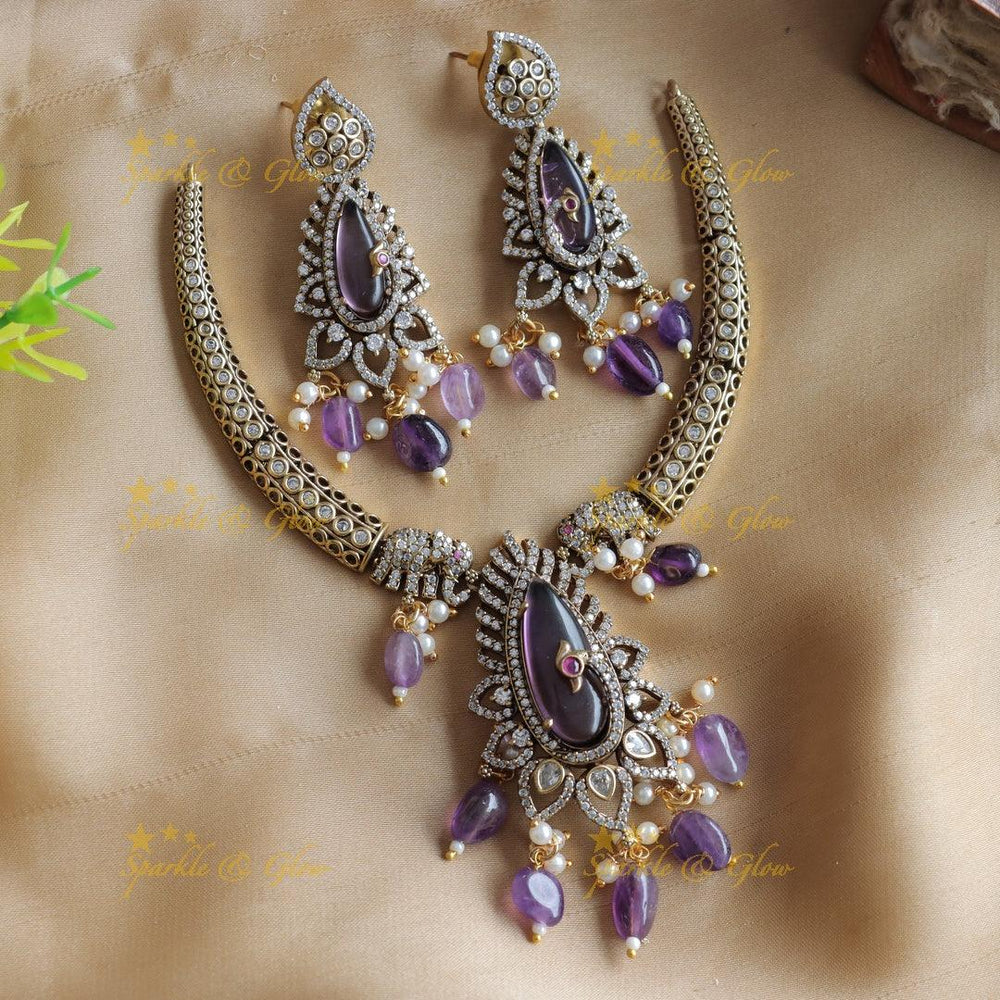 Stunning Elephant and floral design AD short necklace with purple beads and stones - Sparkle and Glow