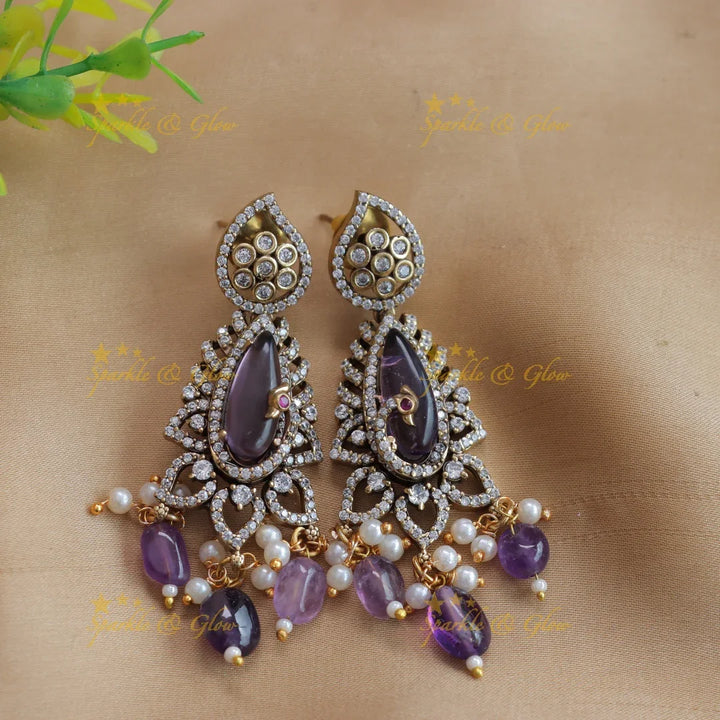 Stunning Elephant and floral design AD short necklace with purple beads and stones - Sparkle and Glow