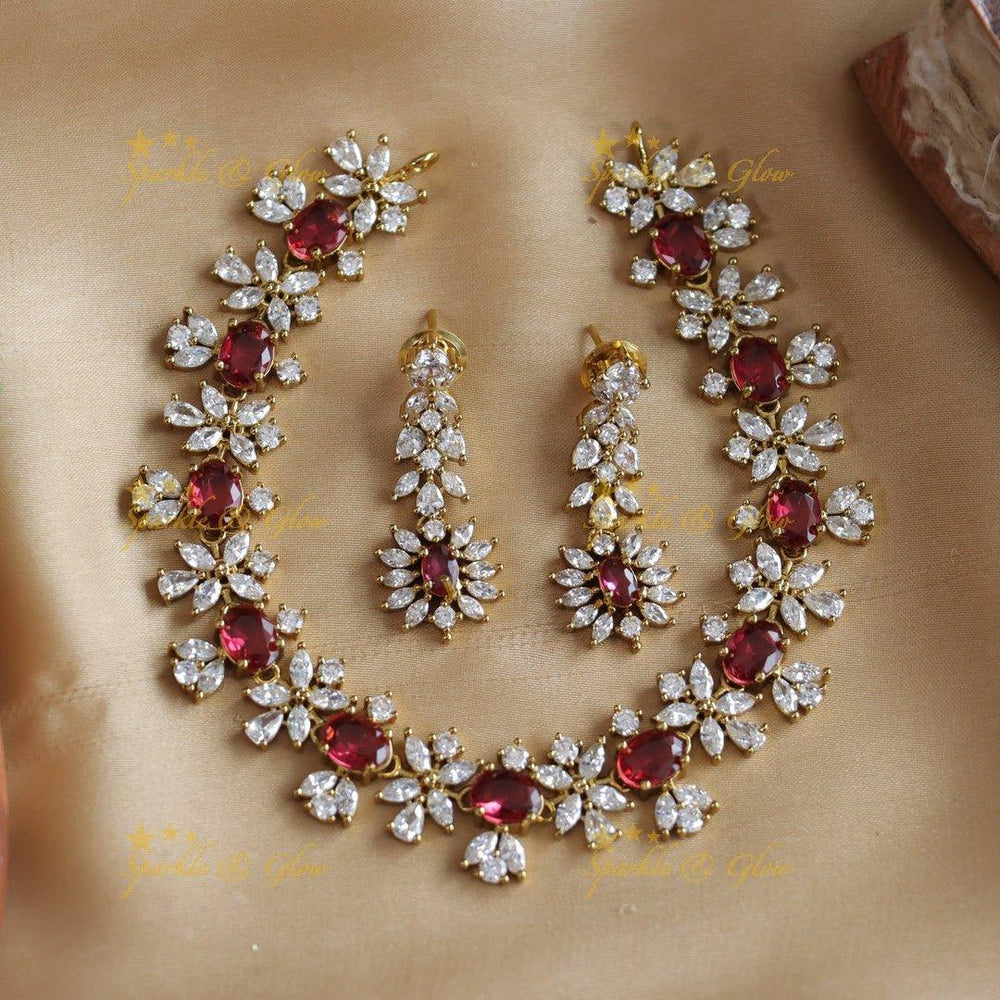 Sparkling Oval stone and floral design AD short necklace - red - Sparkle and Glow