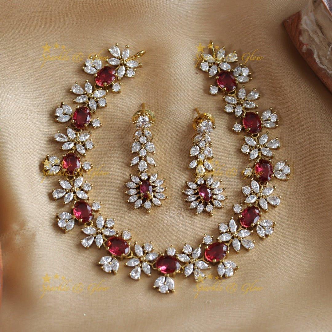 Sparkling Oval stone and floral design AD short necklace - red - Sparkle and Glow