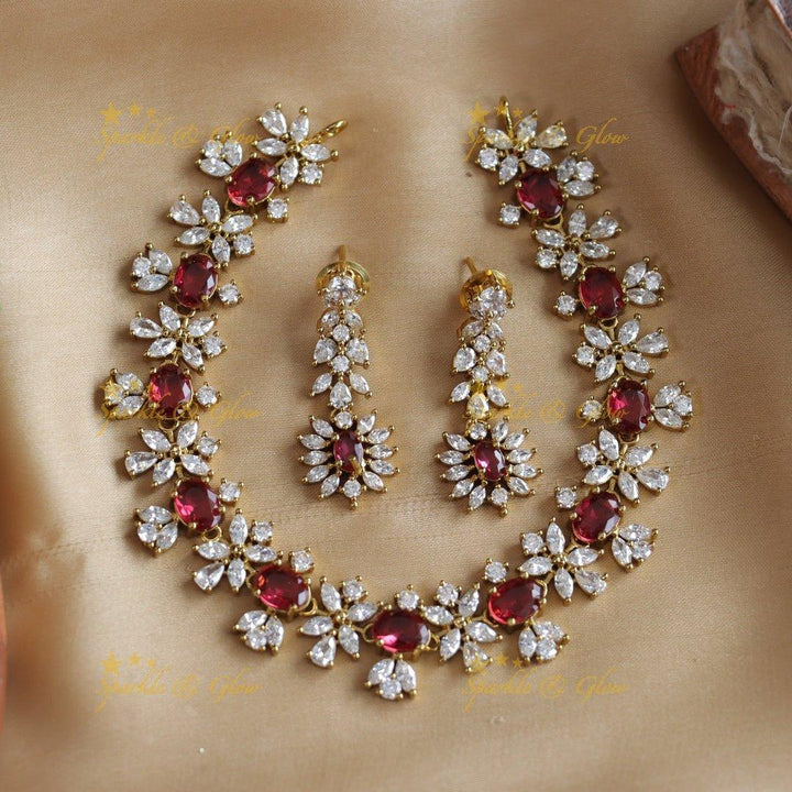 Sparkling Oval stone and floral design AD short necklace - red - Sparkle and Glow