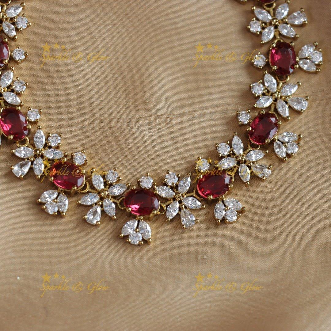 Sparkling Oval stone and floral design AD short necklace - red - Sparkle and Glow