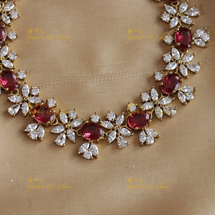 Sparkling Oval stone and floral design AD short necklace - red - Sparkle and Glow