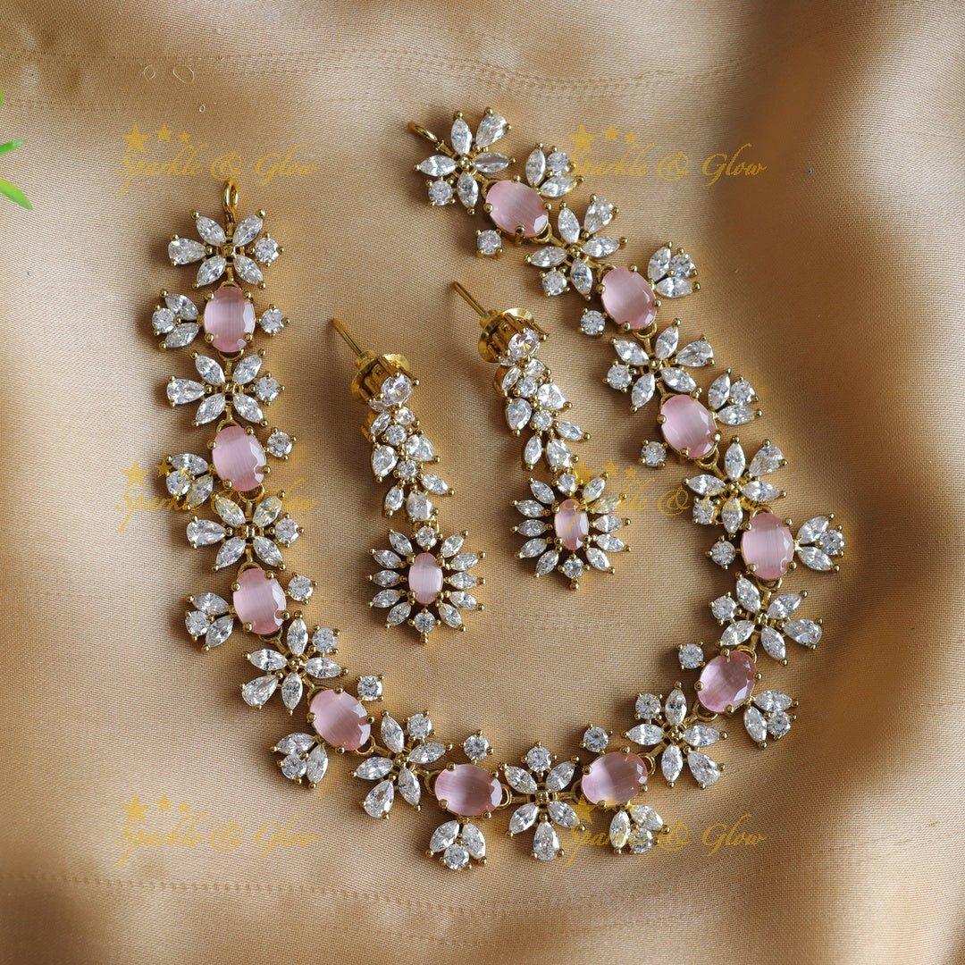 Sparkling Oval stone and floral design AD short necklace - red - Sparkle and Glow