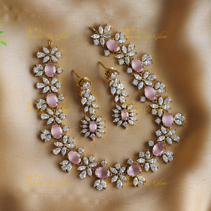 Sparkling Oval stone and floral design AD short necklace - red - Sparkle and Glow